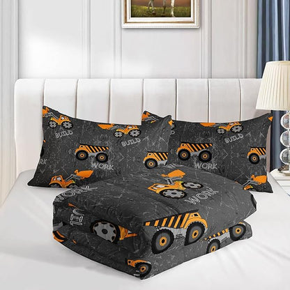 Datura home Construction Truck Comforter Set for Boys Kids Children,Machinery Excavators Vehicles Tractor Bedding Set with 1 Comforter and 2 Pillowcases(Brown Truck Twin) Twin 68x86''