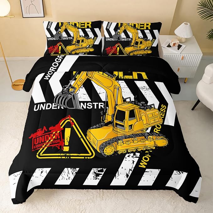 Excavator Comforter King Size,Construction Truck Comforter Set for Kids Teens Boys Girls,3Pcs Bedding Set Printed Comforter with 2 Pillowcases,Soft and Lightweight(Black，King Size)