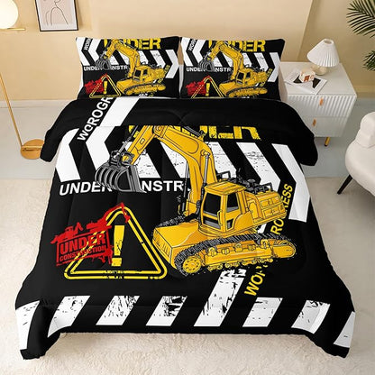 Excavator Comforter King Size,Construction Truck Comforter Set for Kids Teens Boys Girls,3Pcs Bedding Set Printed Comforter with 2 Pillowcases,Soft and Lightweight(Black，King Size)