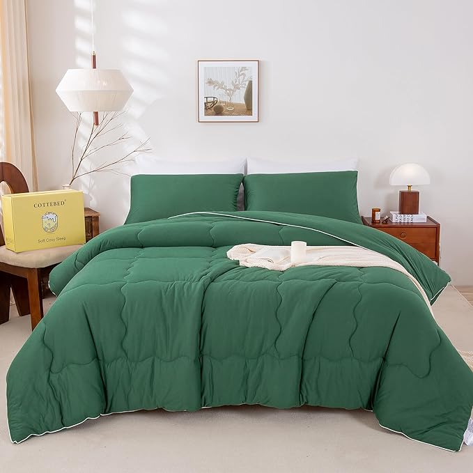 COTTEBED Softness Comforter Set KING Size Bed, Jersey Knit Cotton T-Shirt Feel Ultra-Soft Comy Lightweight Bedding Quilt Blanket Pillowsham All Season, California/Cal King Emerald/Hunter/Forest Green