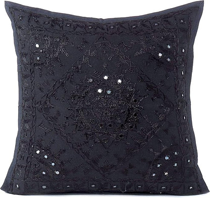 Eyes of India Embroidered Decorative Boho Throw Pillow Cover with Mirrors, Handmade Bohemian Accent Cushion Case for Sofa Couch Bedroom Living Room (Black, 16" x 16")