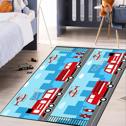 Car Rug Play Mat Car Rug Play Mat Car Rug for Boys Room Fire Fighting Truck Red Car Printed Rug Play Rug for Cars and Trucks Play Rugs for Kids Rooms,Light Blue 3'×4'