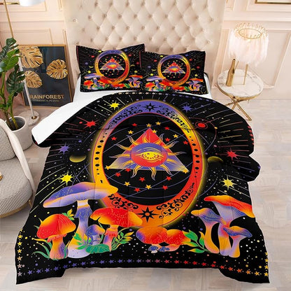 Tailor Shop Celestial Bedding Queen Size,Sun and Moon Bedding for Boys Girls Kids Teens, Mushroom Comforter Gothic Comforter Witchy Comforter Boho Exotic Black Bed with 2 Pillowcases