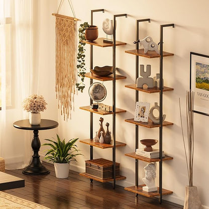 SUPERJARE 5-Tier Bookshelf, Narrow Book Shelf Set of 2, Open Wall-Mounted Ladder Shelf with Metal Frame, Display Bookcase for Home Office, Bedroom, Rustic Brown