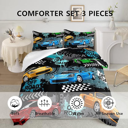 Axolotl Car Comforter Set Twin Size,Cool Speed Race Car Comforter for Kids Boys Girls Teens Bedroom,Extreme Sport Quilt Duvet 1 Comforter 2 Pillowcase Car Racing Gifts,Blue Red Orange