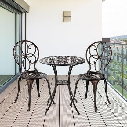 Patio Bistro Sets 3 Piece, Outdoor Bistro Table and Chairs Set of 2 with Umbrella Hole, Cast Aluminum Bistro Set, Patio Furniture for Yard Garden Porch, Bronze