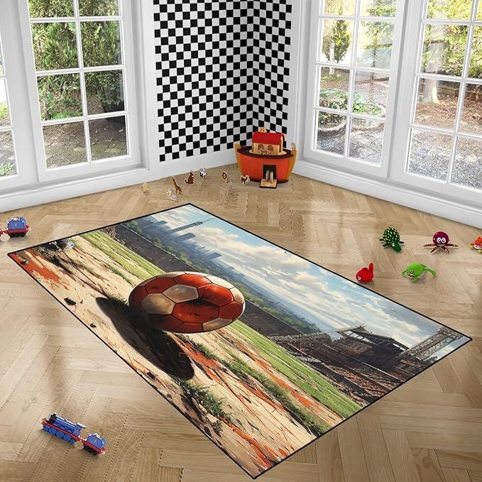 Football Rug - Football Decor for Boys Bedroom Soccer Rug for Play Area Football Printed Rug for Kids Room Basketball Rugs for Teen Boys Bedroom Playmat Area Rugs for Kids Rooms,5'×7'