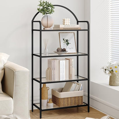 Bookcase Bookshelf, Tempered Glass Bookshelves, Slim Shelving Unit for Bedroom, Bathroom, Home Office, Steel Frame, 4 Tier Black BC21499B