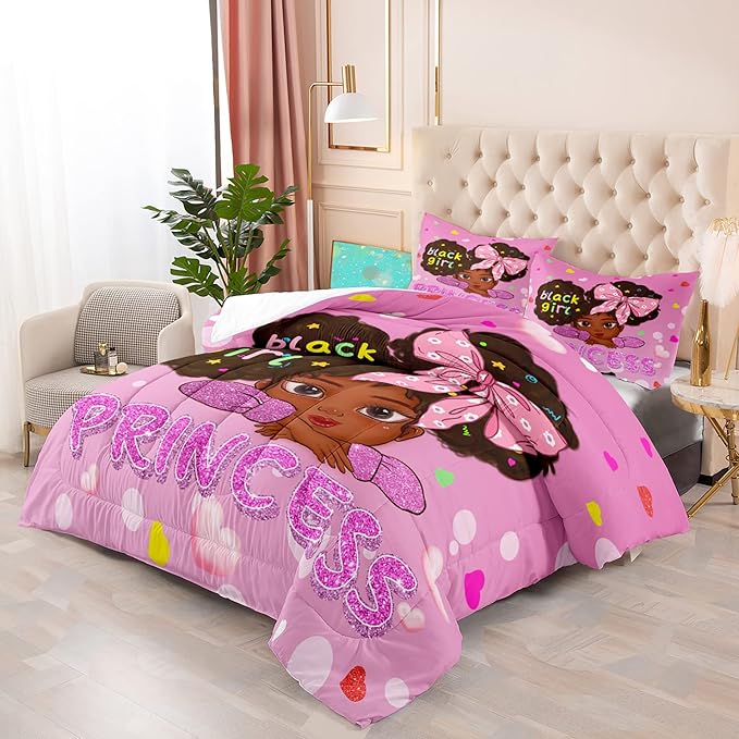 Black Girl Full Size Comforter Sets for Girls-Black African American Girls Full Size Bedding Sets Pink Princess Full Size Comforter Sets Girls Room, Full (1 Comforter 2 Pillowcases)