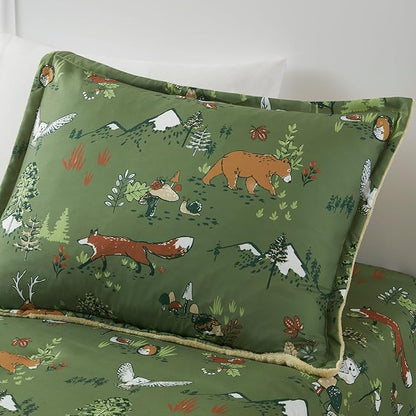 Mi Zone Kids Queen Comforter Set, Reversible Plush Kids Comforter Set, Cozy Plush Reverse Bedding, Winter Fluffy Comforter Bed Set, 2 Shams, Enchanting Forest Animals, Full/Queen, Sage Green 3 Piece