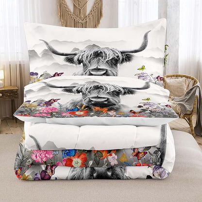 Tailor Shop Highland Cow Comforter Sets Twin Size,Highland Cow Bedding Set for Teens Kids Man,Cattle Comforter Western Animal Wildlife Farmhouse Bull Mountain Flower Comforter with 1 Pillowcase