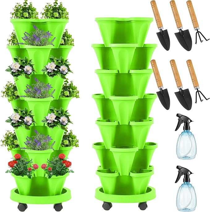 Umigy 2 Set of 7 Tier Vertical Planter Stackable Tower Planters Strawberry Herb Flower and Vegetable Pots Indoor Outdoor Gardening Pots with Removable Wheels and Tools(Light Green)