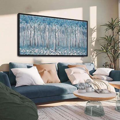 DUNHUANG ART Blue Tree Canvas Wall Art - Large Size Teal Abstract Painting for Home Office Living Room Bedroom Bathroom - Black Framed - Wall Decor Living Room 20"x40"