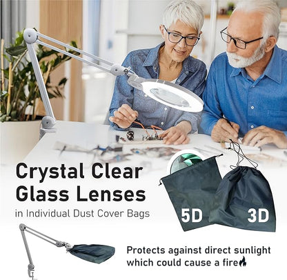 Desk Magnifying Glass with Light - DAEV - 7" Large LED Magnifying Glass with Clamp, Easy Change 5D (2.25X) and 3D (1.75X) Glass. 1600 Lumen, 6500K CCT Dimmable LED Magnifier with Light, White