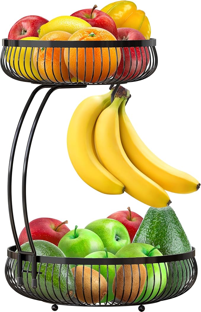 Simple Houseware 2-Tier Countertop Fruit Basket with Banana Hanger, Black