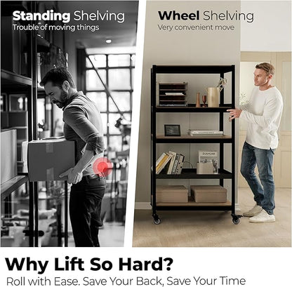 HOMEDANT House 5-Tier Metal Rolling Cart Shelf Rack Casters Heavy Duty Laminated Wheel Shelving Unit Adjustable Utility Storage Shelves Organizer Shelf Kitchen Garage 24.4" W x 16.5" D x 62.2" H 1Pack