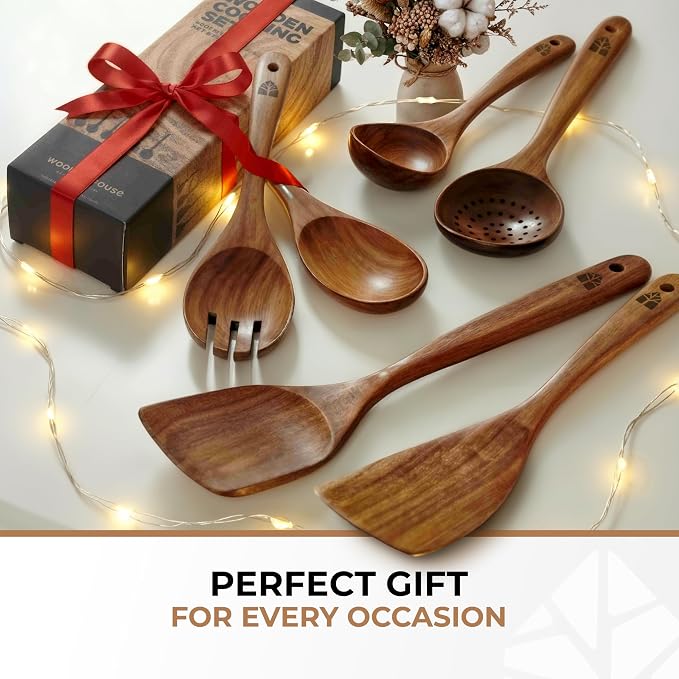 Wooden Spoons for Cooking – 6 Pcs Premium Teak Wooden Utensil Set | Durable, Nonstick Safe, Heat Resistant & Easy to Clean with Ergonomic Handles