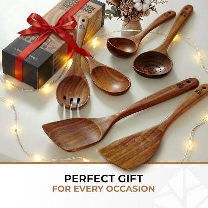 Wooden Spoons for Cooking – 6 Pcs Premium Teak Wooden Utensil Set | Durable, Nonstick Safe, Heat Resistant & Easy to Clean with Ergonomic Handles