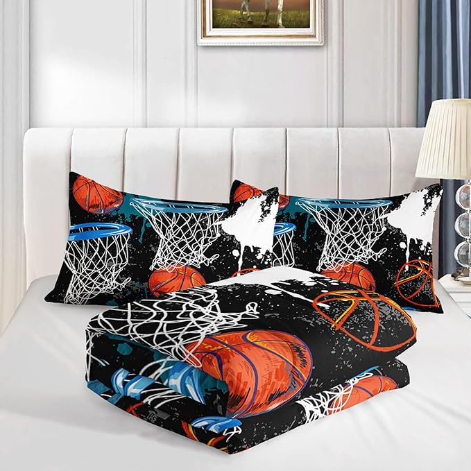 Axolotl Basketball Comforter Set Queen,Sports Comforter Set,Basketball Bedding Set,Sports Theme Comforter Set,Grunge Bedding Aesthetic Cool Style for Boys Kids Men,1 Quilt 2 Pillowcases,Black Blue