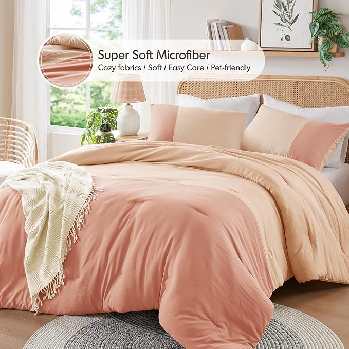 Pink Twin Comforter Set - Modern Soft Farmhouse Bedding for Teen Girls, Kids Colorblock Pattern Bed Sets for All Season, 2 Pieces includes 1 Comforter, 1 Sham (66"x 90")