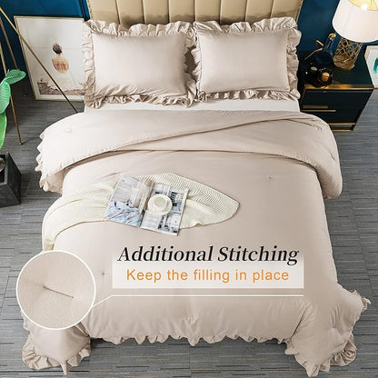 Andency Khaki Queen Comforter Set, 3 Pieces Farmhouse Shabby Chic Bedding Set for Queen Bed, All Season Soft Lightweight Microfiber Bed Set for Men Women