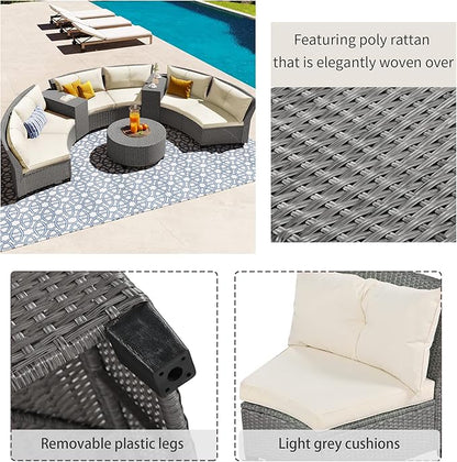 Outdoor 9 Pieces Patio Furniture Half Moon Wicker Sofa Sets, Fan-Shaped Curved Sectional Couch with Coffee Table&Beige Cushions, 1, Gray Rattan