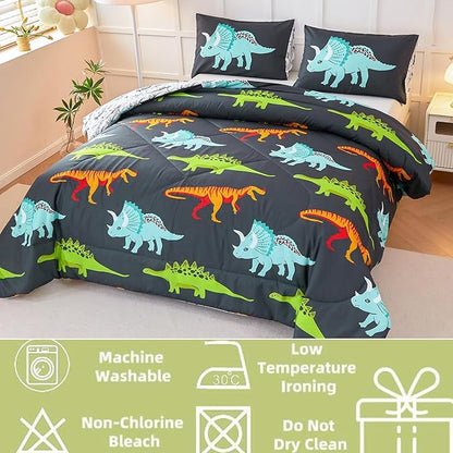 RYNGHIPY Dinosaur Bedding Set Twin Size Dinosaur Kids Comforter Set for Boys Girls Soft Breathable Cute Dinosaur Bed Set for All Season (Black,Twin)
