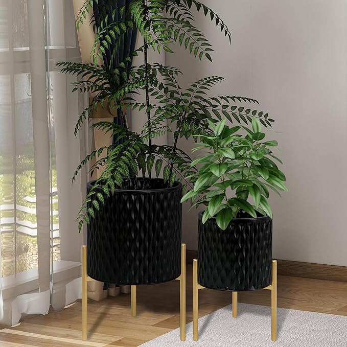 ARNIS Plants Pots with Stand, Set of 2 Planters, Unique Mid Century Decorative Metal Flower Pots with Drainage, 8.25 & 10.5 Inch, Black