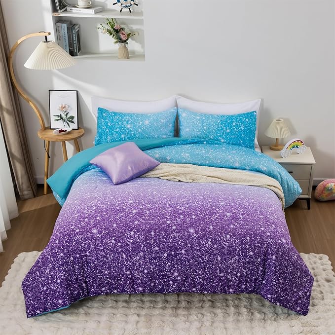 Holawakaka Kids Space Star Glitter Comforter Set Queen Size Girls Ombre Blue & Purple Print Gradient Teens Bedding Set Teens Galaxy Bed Sets (Blue Purple, Queen)
