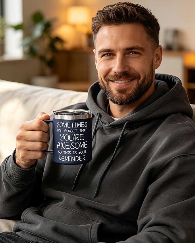 Inspirational Coffee Mug for Men, 12oz Insulated Stainless Steel Mug with Handle & 2 Lids – Sometimes You Forget You’re Awesome, Birthday & Appreciation Gift for Dad, Husband, Him, Navy Blue