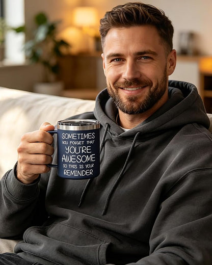 Inspirational Coffee Mug for Men, 12oz Insulated Stainless Steel Mug with Handle & 2 Lids – Sometimes You Forget You’re Awesome, Birthday & Appreciation Gift for Dad, Husband, Him, Navy Blue