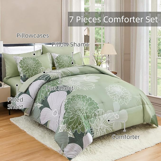 Yiran Bed in a Bag Green Comforter 7 Pieces Floral Bedding Set Soft Microfiber King Comforter Sets with 1 Comforter 1 Flat Sheet 1 Fitted Sheet 2 Pillowshams and 2 Pillowcases