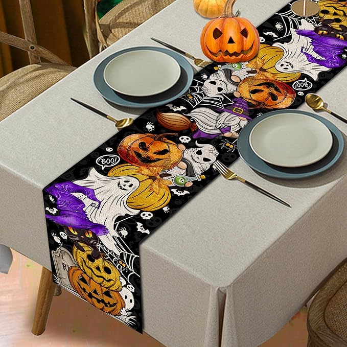 Halloween Table Runner 90 Inches Long Pumpkin Black Cat Halloween Table Runners Happy Halloween Boo Ghost Theme Decor for Kitchen Dining Table Home Party Decorations