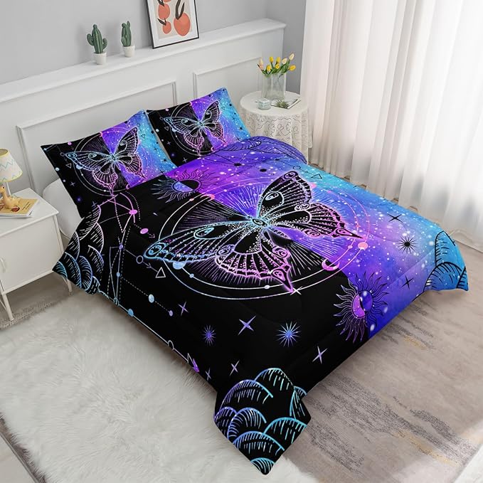 Datura home Black Blue Butterfly Comforter Set for Girls Women,Boho Butterfly Sun and Moon Mandala Printed Bedding Set with 2 Pillowcases(Black Blue Twin)