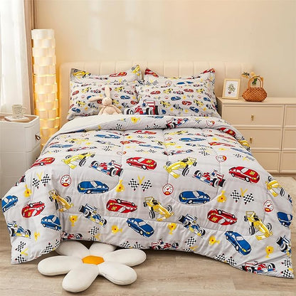 Mooreeke Full Size Comforter Sets for Boys Kids, 8 Pieces Bed in a Bag Racing Car Bedding Comforter Sheet Set with Shams and Decorative Toy Pillow, Ultral Soft Microfiber Kids Bed Set