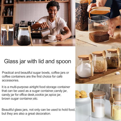 CNWSGEM Sugar Bowls Sugar Container 25.36 FL OZ Glass Coffee Canister Airtight Food Storage Jar with Lid and Spoon Candy Jar Coffee Bar Accessories Storage Beans Powder (Round)