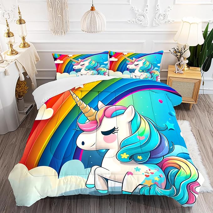 Unicorn Bedding Full Size Rainbow Comforter Set for Girls Kids Children Boys Teens Cartoon Unicorn Colorful Starry Blue Glitter Quilt 1 Comforter + 2 Pillow Cases