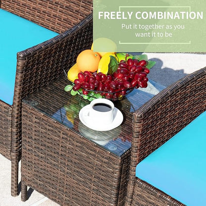 Greesum 3 Pieces Patio Furniture Sets Outdoor PE Rattan Wicker Chairs with Soft Cushion and Glass Coffee Table for Garden Backyard Porch Poolside, Brown and Blue