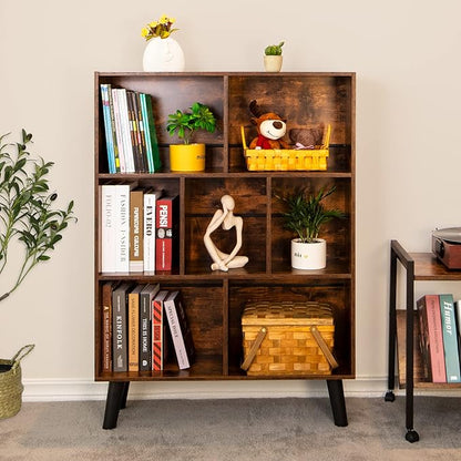 LEYAOYAO Cube Bookshelf 3 Tier Mid-Century Rustic Brown Modern Bookcase with Legs,Retro Wood Bookshelves Storage Organizer Shelf,Freestanding Open Book Shelves for Bedroom,Living Room,Office