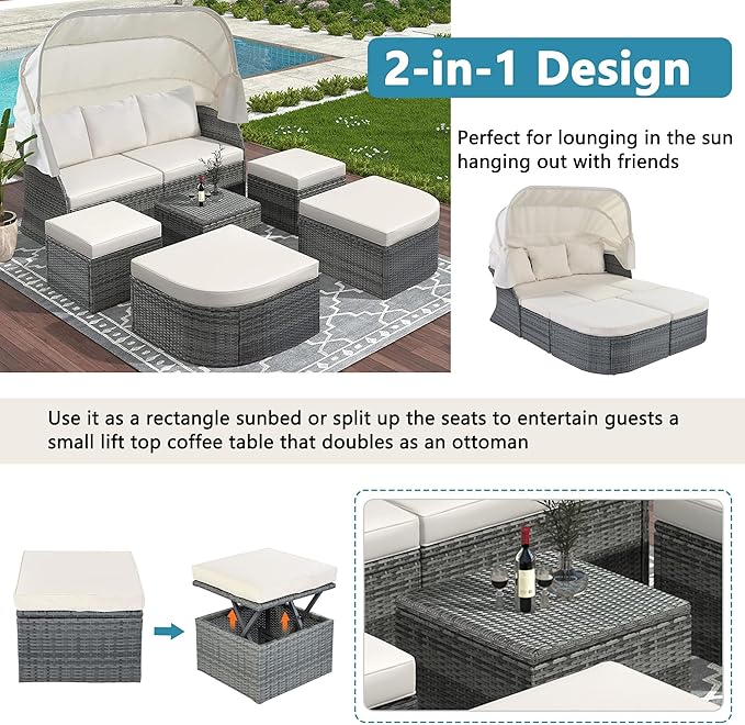 Rectangle Furniture Daybed Sunbed with Retractable Canopy, Outdoor Wicker Conversation Set with Cushions for Patio, Backyard, Porch, Garden, Hb-Beige