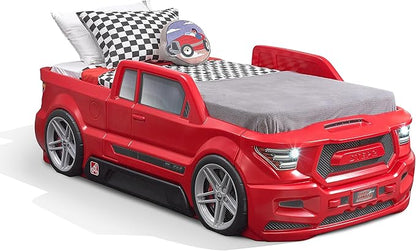 Step2 Turbocharged Twin Size Truck Car Bed, Car Bed for Boys and Girls, Working Headlights & Built-In Storage, Toddlers Ages 3+ Years Old, Adult Assembly Required, Vibrant Red