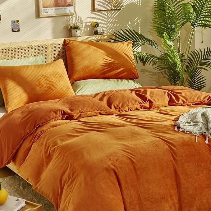 Burnt Orange Velvet Comforter Queen Solid Rust Color Flannel Velvet Bedding Comforter Set All Caramel Colour 3 PCs Shaggy Soft Warm and Durable Flannel Blanket Queen