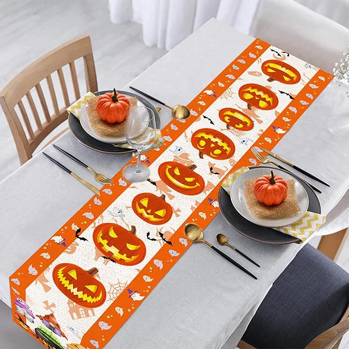 Halloween Table Runner, Halloween Table Runner 90 Inches Long, Halloween Pumpkins Gnomes Runners for Table, Black Cat Spider Web Holiday Decor Burlap Runner Rug for Home Decorations Dining Room