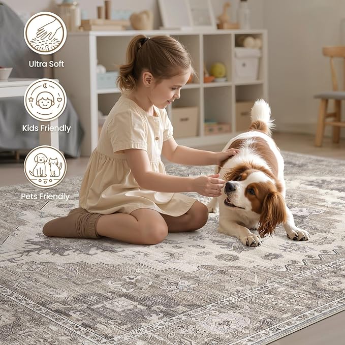 Washable Area Rugs for Living Room - 5x7 Neutral Vintage Distressed Floral Farmhouse Boho Large Soft Floor Rug Indoor Non Slip Carpet for Living Room Bedroom Dining Room Office -Brown/Beige