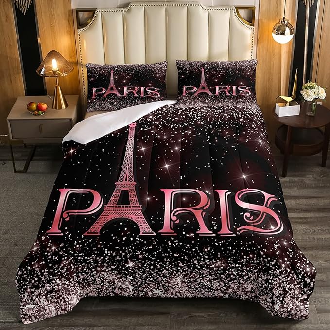 Erosebridal Eiffel Tower Comforter Set Twin Size, Paris France Duvet Sets for Kids Teens Adult Women Bedroom Decor Starry Sky Bling Bedding Set City Building Quilted Duvet with 1 Pillow Case