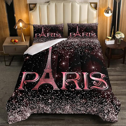 Erosebridal Eiffel Tower Comforter Set Twin Size, Paris France Duvet Sets for Kids Teens Adult Women Bedroom Decor Starry Sky Bling Bedding Set City Building Quilted Duvet with 1 Pillow Case