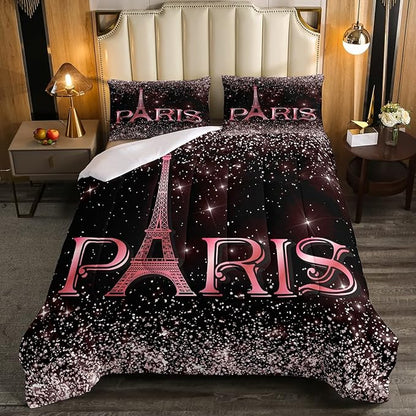Erosebridal Eiffel Tower Comforter Set Queen Size, Paris France Duvet Sets for Kids Teens Adult Women Bedroom Decor Starry Sky Bling Bedding Set City Building Quilted Duvet with 2 Pillow Cases