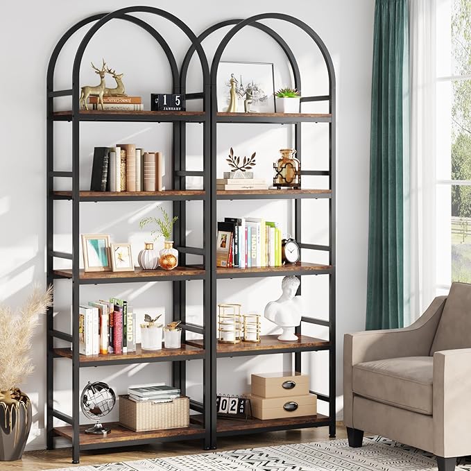 Tribesigns 5-Tier Open Bookshelf, 74.4" Wood Bookcase Storage Shelves with Metal Frame, Freestanding Display Rack Tall Shelving Unit for Office, Bedroom, Living Room, Easy Assembly(Brown, 2PCS)