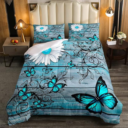 Butterfly Bedding Sets for Girls Teens Women Bedroom Rustic Flower Comforter Set,Blue Butterflies White Chic Floral Duvet Set Retro Vintage Romantic Style Quilt Set Queen Size Soft Lightweight