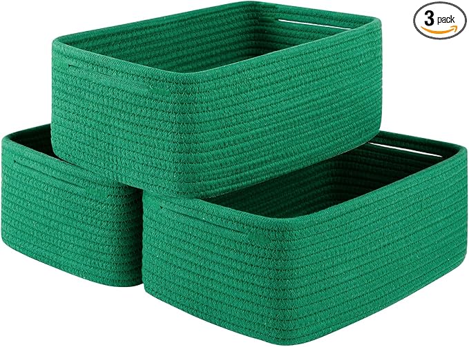 3 Pack Small Storage Baskets for Organizing, Cute Woven Decorative Gift Baskets for Shelves, Mini Closet Organizer Bins with Handles, 11.81''Lx7.87''Wx4.72''H-Green